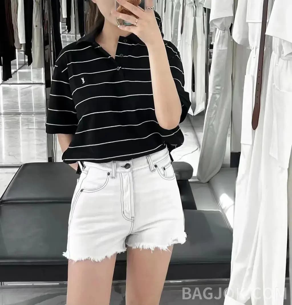 생로랑 생로랑 자수 스트라이프 폴로 셔츠 상세 이미지
