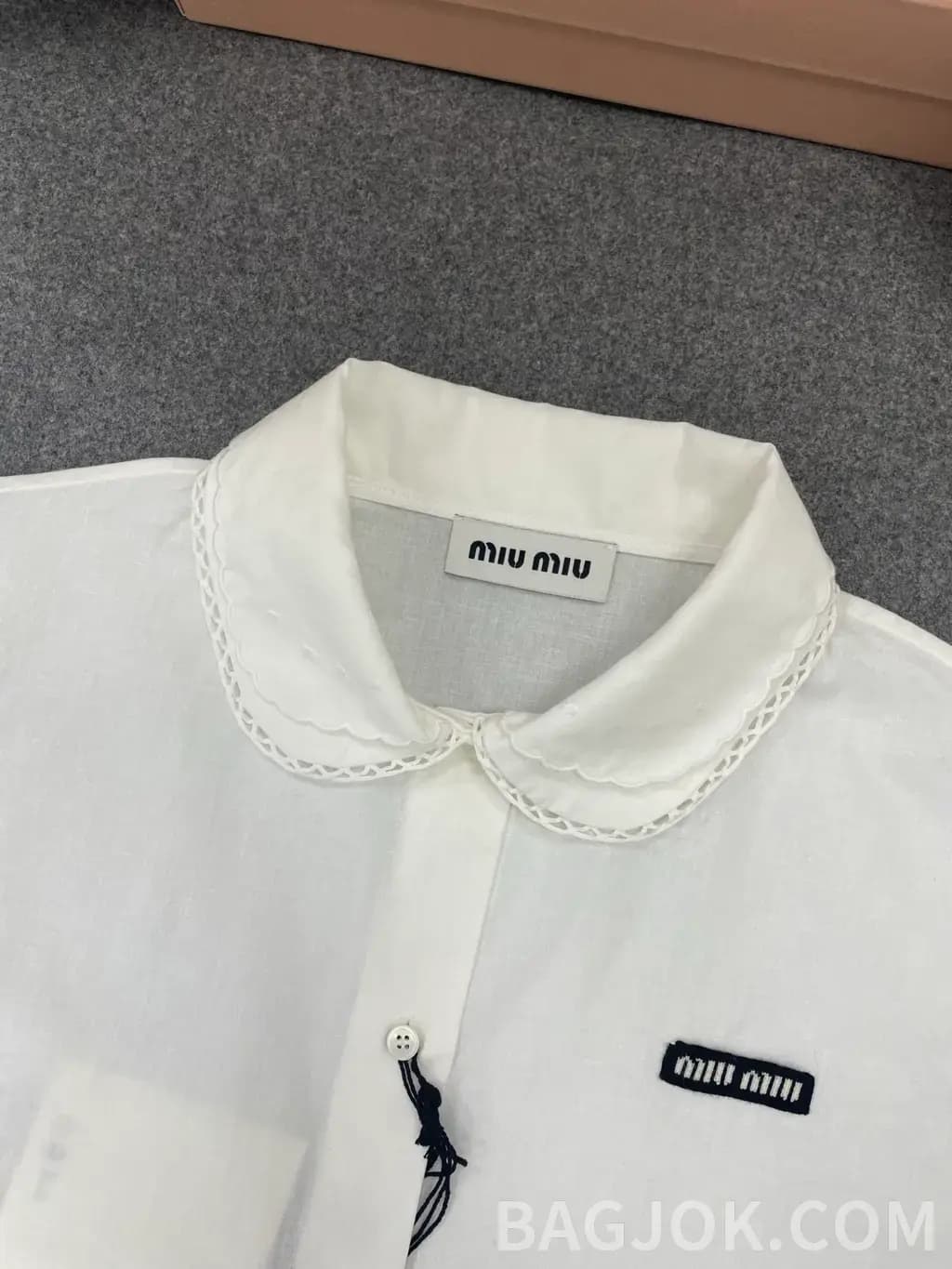 미우미우 미우미우 스캘럽 칼라 린넨 블렌드 반팔 셔츠 상세 이미지