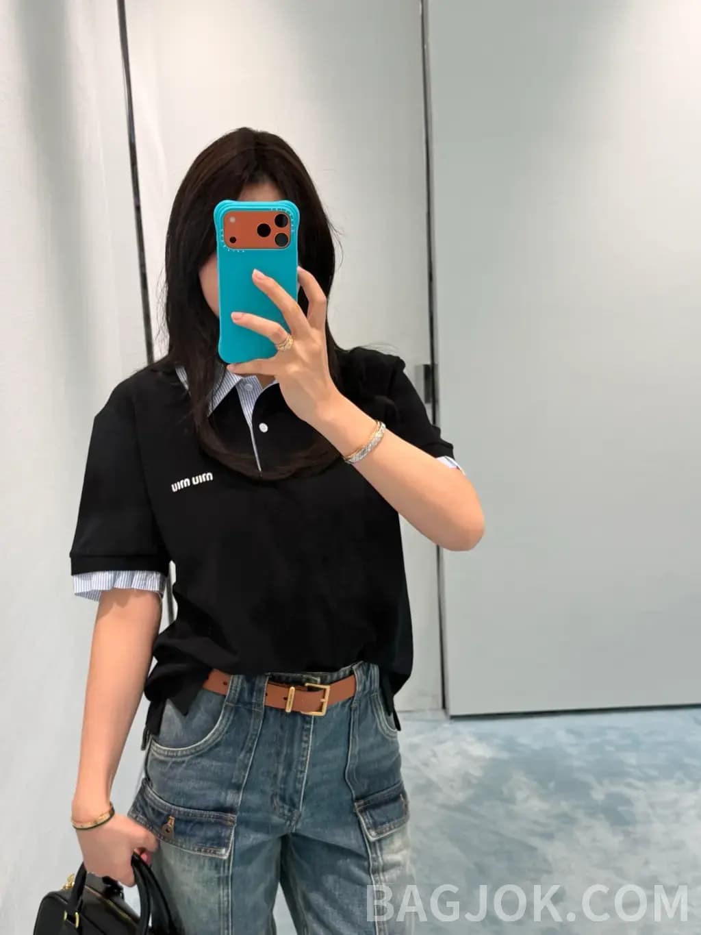 미우미우 미우미우 스트라이프 칼라 포인트 피케 폴로 티셔츠 상세 이미지