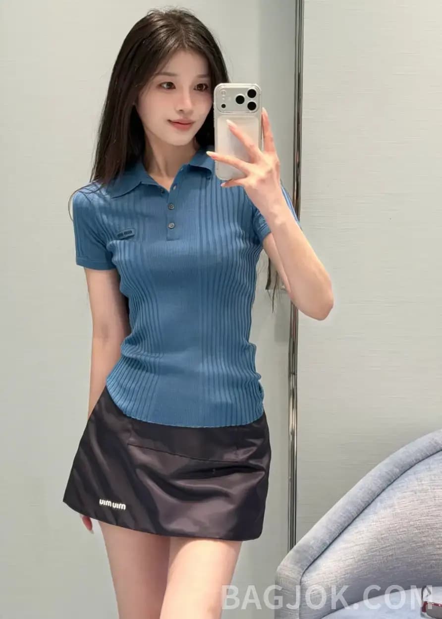 미우미우 미우미우 리브드 폴로 반팔 티셔츠 상세 이미지