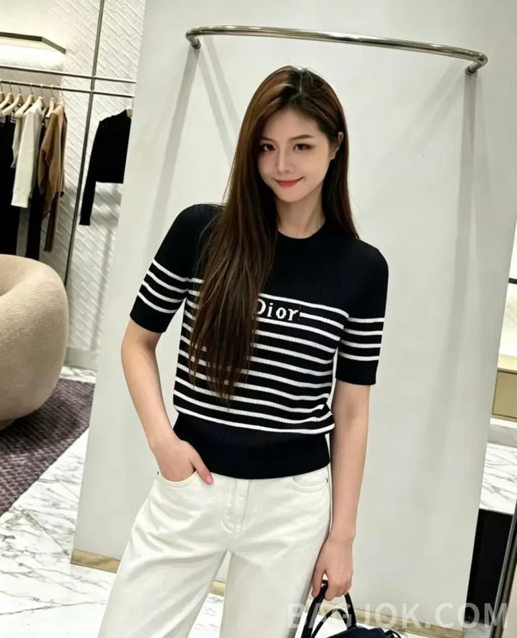 디올 디올 스트라이프 리브드 크루넥 반팔 니트 상세 이미지