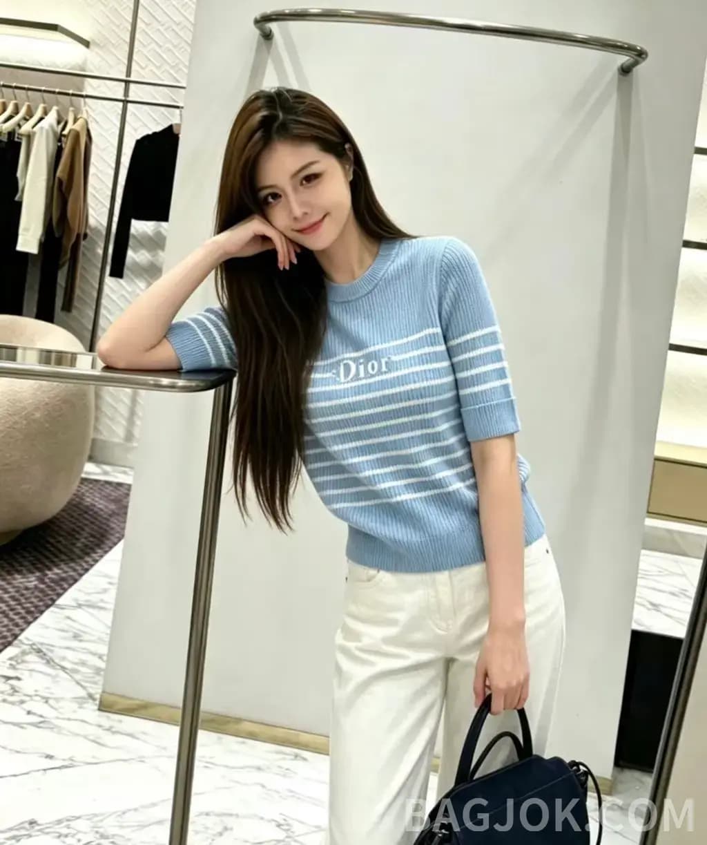 디올 디올 스트라이프 리브드 크루넥 반팔 니트 상세 이미지