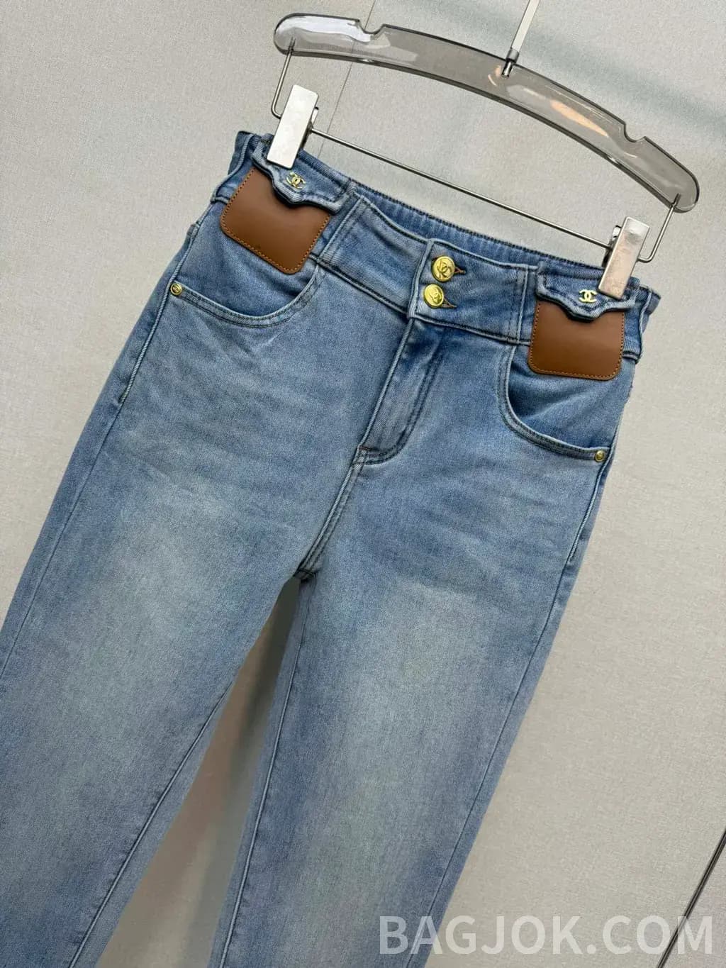 샤넬 샤넬 레더 패치 하이웨이스트 슬림 데님 팬츠 상세 이미지