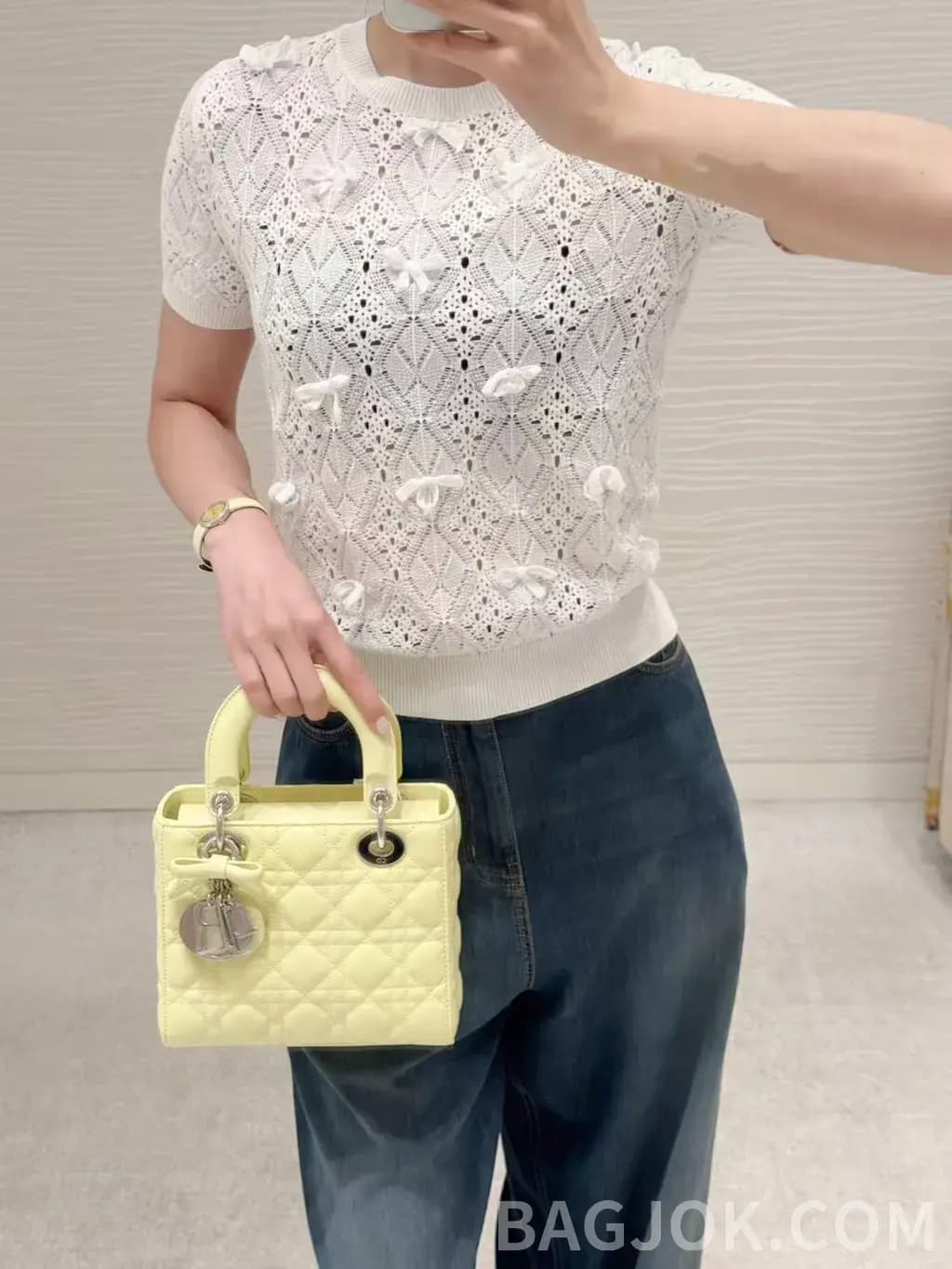 디올 DIOR 오픈워크 레이스 코튼 니트 반팔 티셔츠 상세 이미지