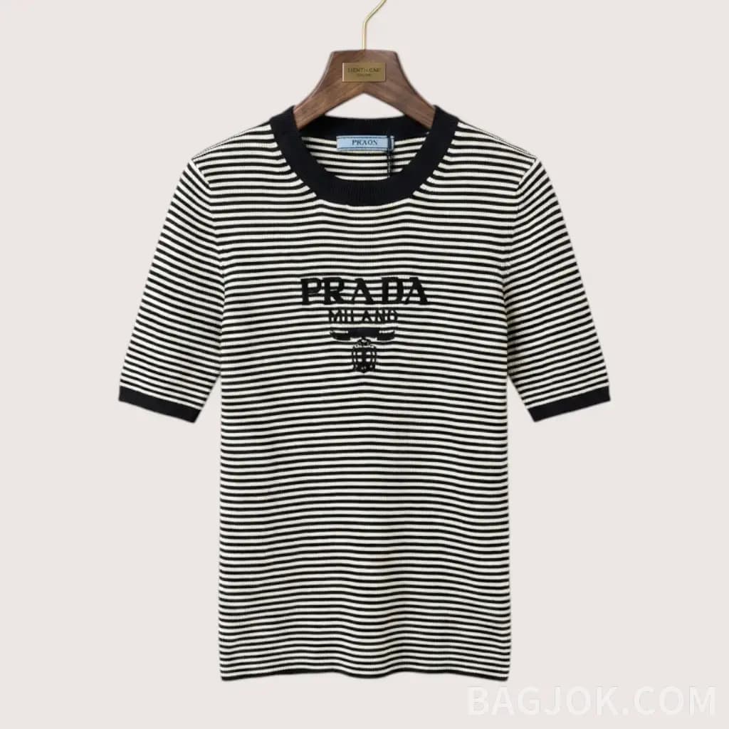 PRADA 스트라이프 실크 니트 반팔 티셔츠_대표이미지